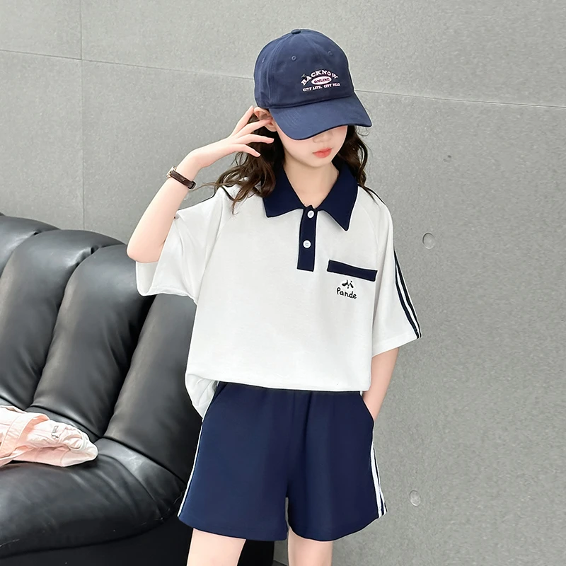 女童夏季POLO衫套装儿童6-12岁休闲短裤宽松中大童短袖翻领学院风