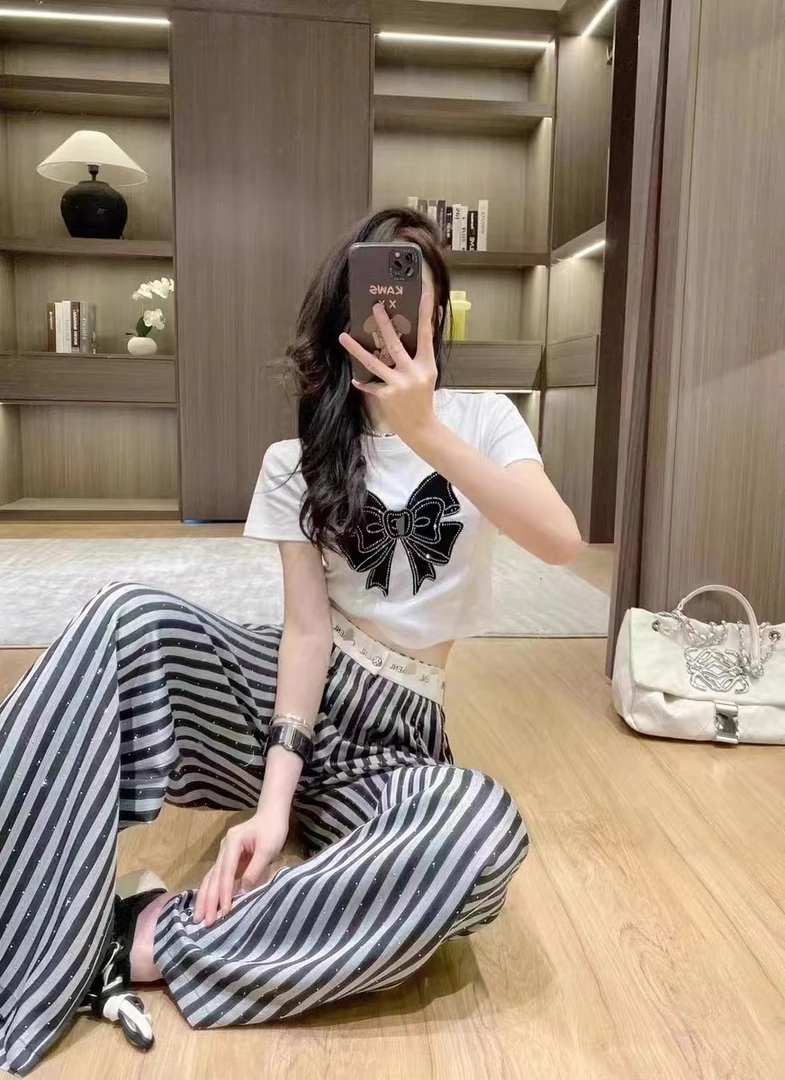 高腰印花松紧腰长裤减龄洋气条纹夏季阔腿裤休闲裤