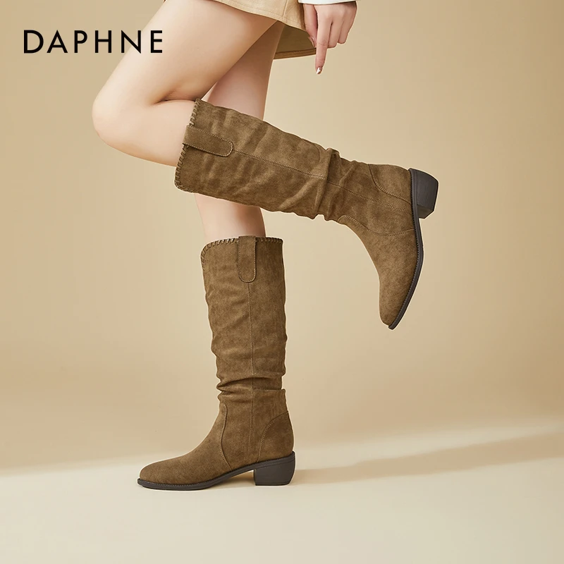 Daphne/达芙妮高筒靴长靴时尚女鞋粗跟加绒靴子时装靴瘦瘦靴