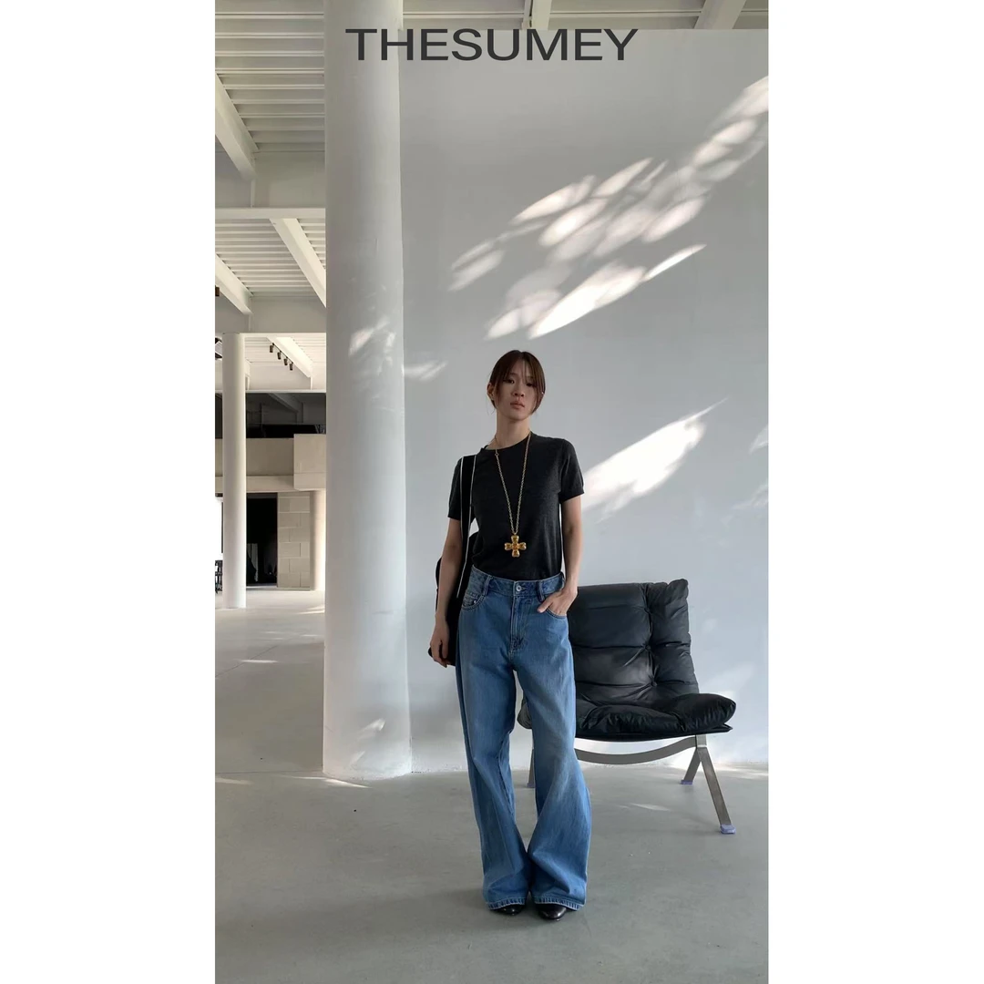 THESUMEY洗水做旧牛仔裤女春季2025年新款小个子高腰休闲直筒裤