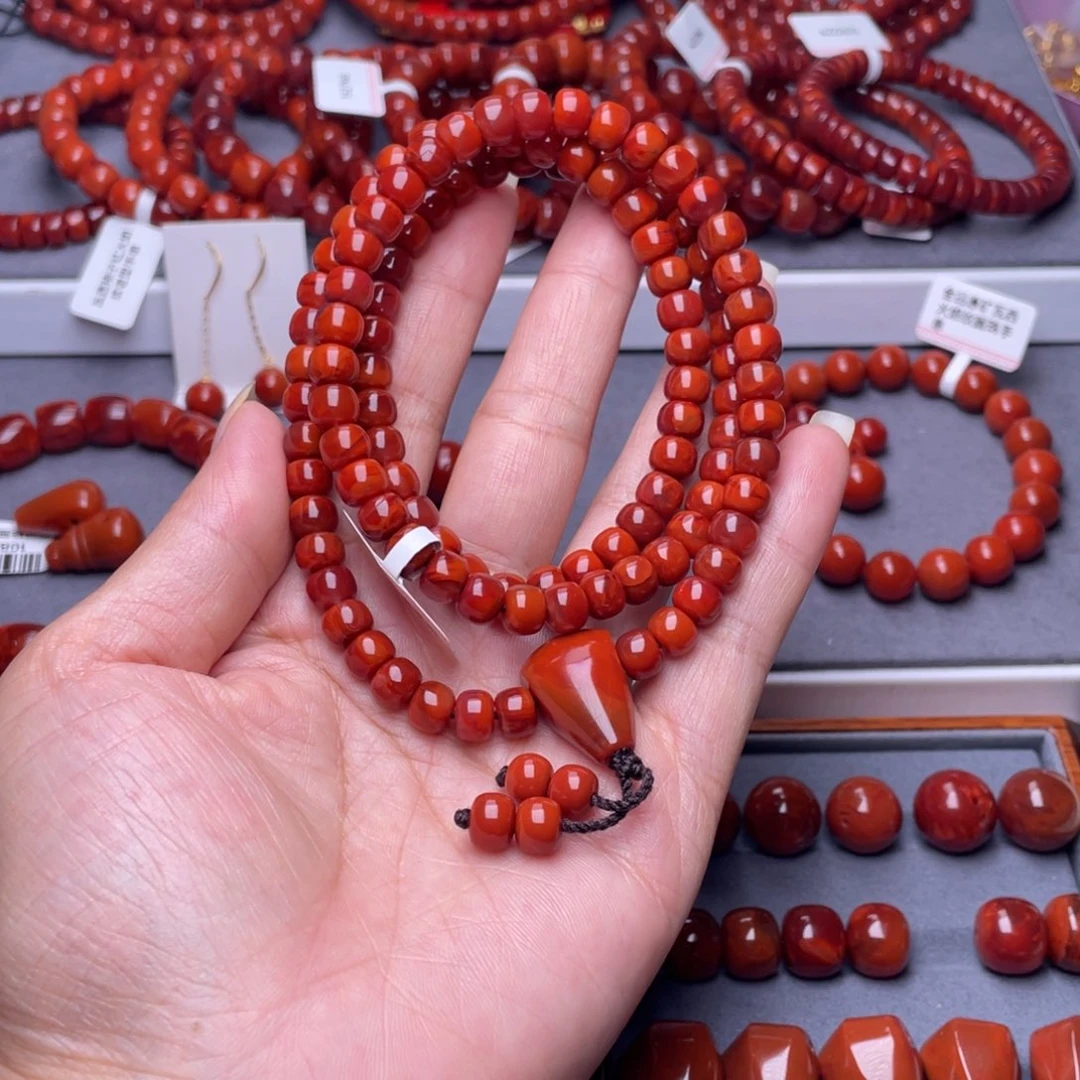 吉***意南红玛瑙未镶嵌配珠7.1mm瓦西柿子红玫瑰牛血火焰108佛珠