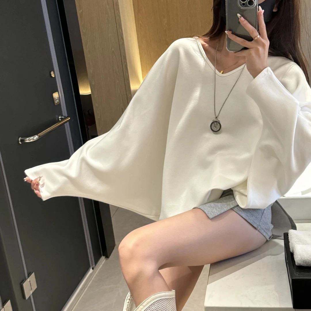 【9122】大码女装胖mm早秋慵懒风白色蝙蝠袖卫衣宽松遮肚子显瘦上衣