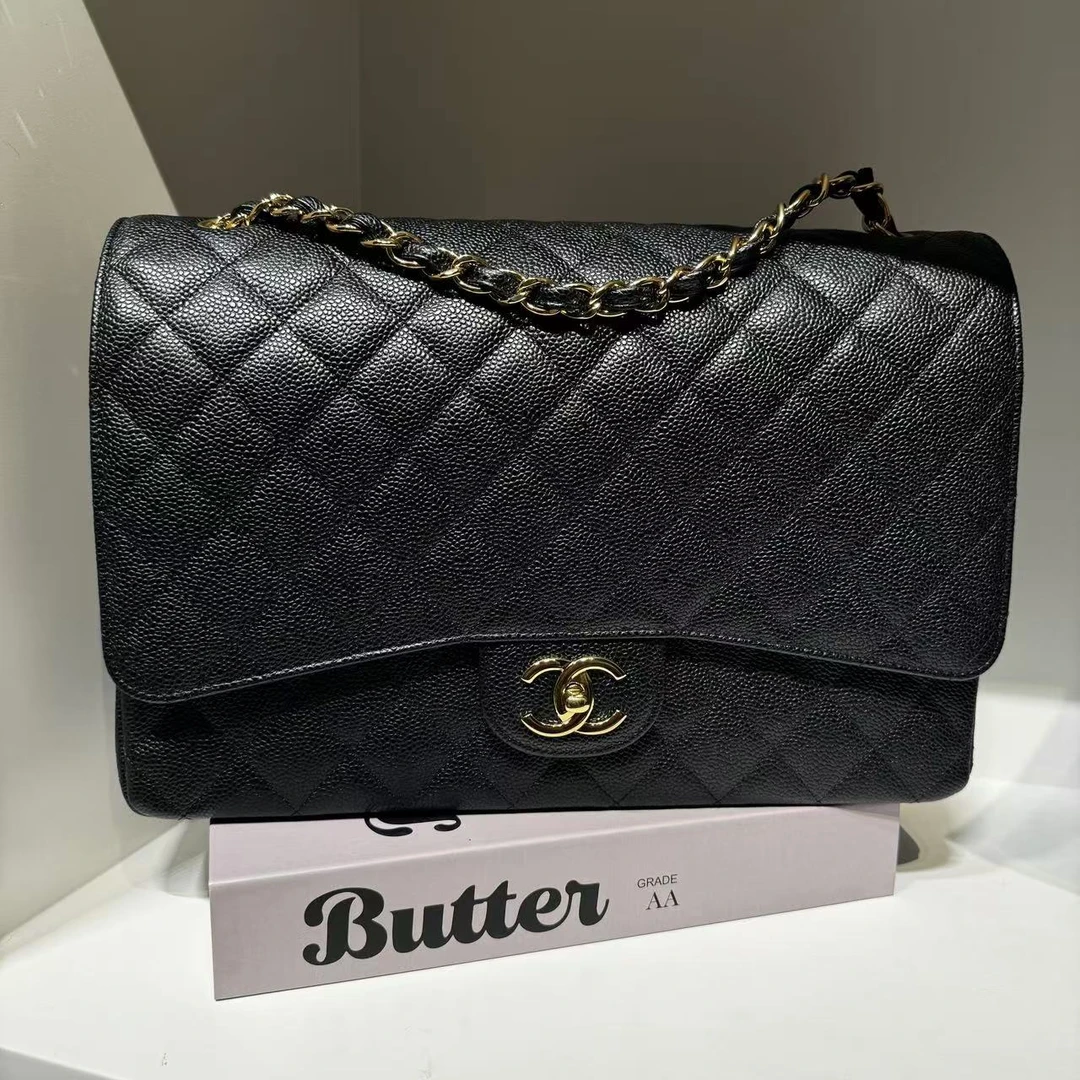 99新 Chanel/香奈儿 HIHI黑金荔枝纹双盖Maxi链条包11865358JL