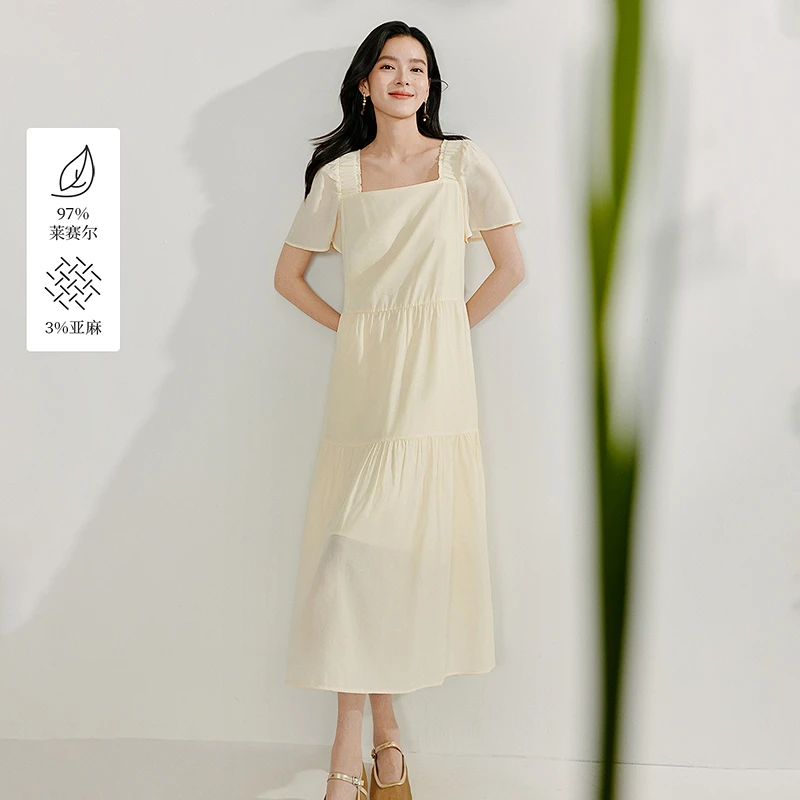 【欧若风新品】茵曼夏季莱赛尔度假方领连衣裙女短袖宽松a字中长裙