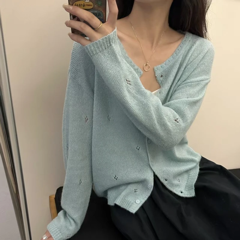 春季针织薄款圆领毛针织衫长袖短款百搭显瘦镂空韩版秋季设计感