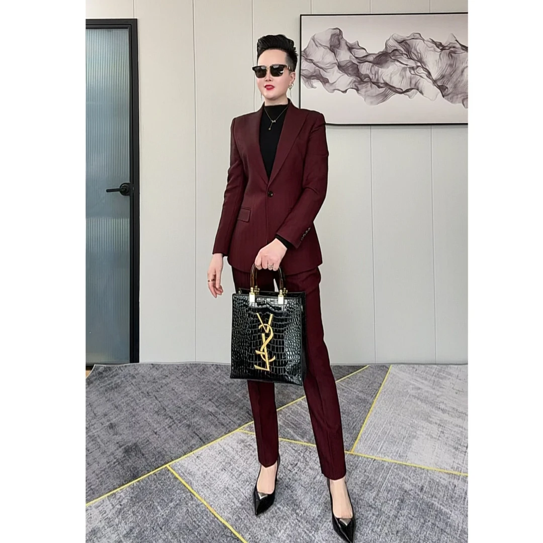 【白衣哥】秋冬新款安哥拉红树条纹高级感修身气质时尚职业西装套装