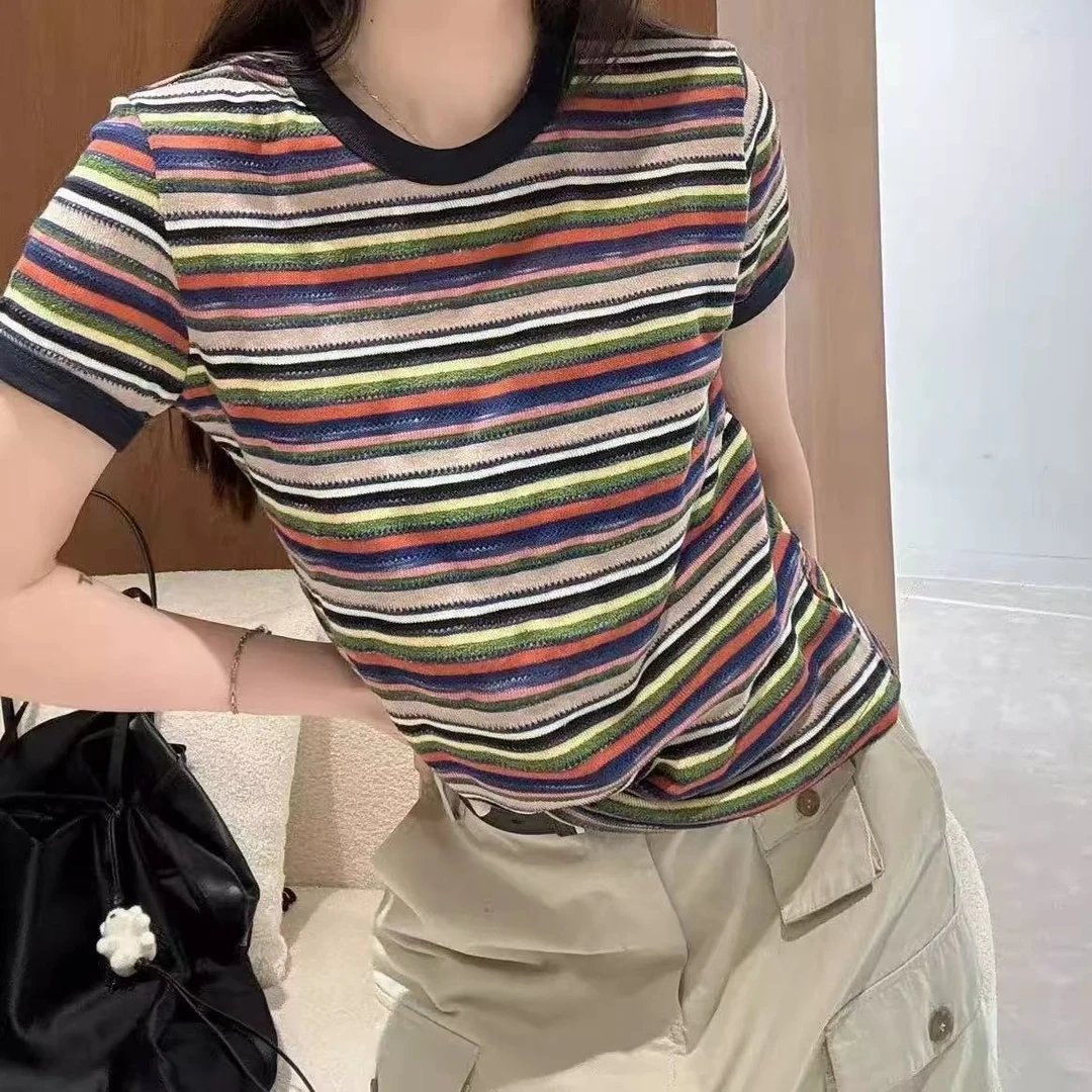 Z.X 撞色拼接条纹短袖针织衫 8760（C3）