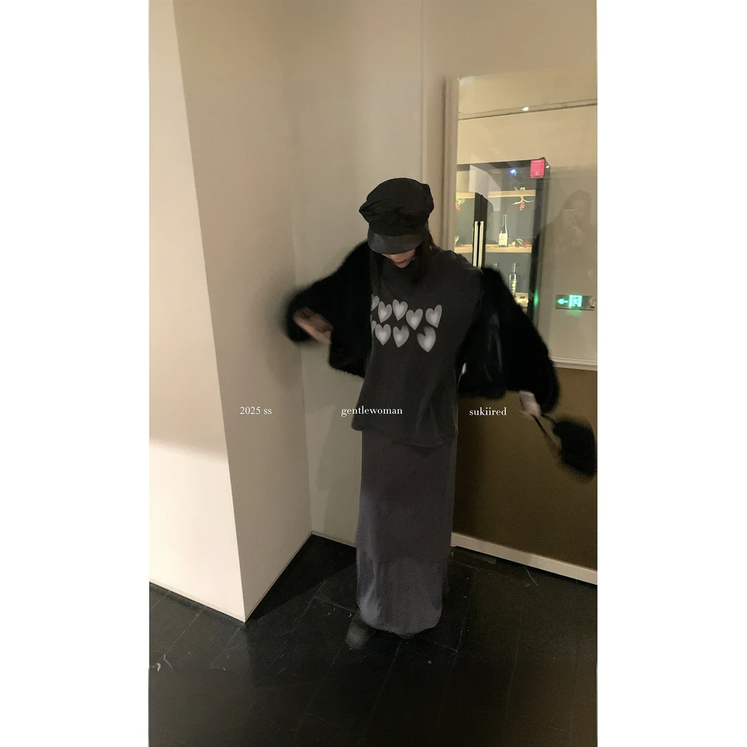 sukiired全棉贝壳扣印花10字短袖T/晕染爱心水洗做旧长袖T恤 .特