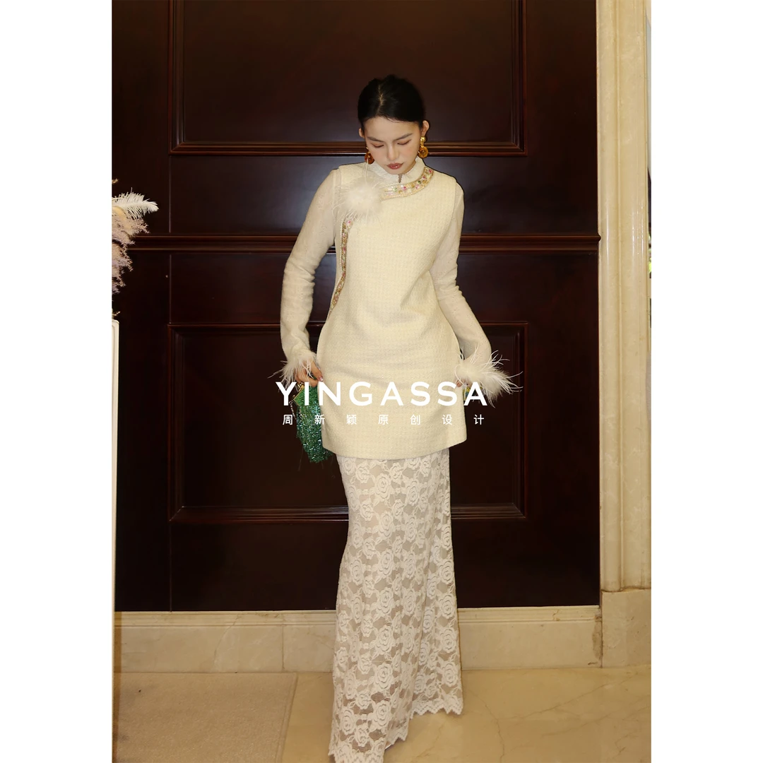 YINGASSA【白色恋人】极繁三件套新国风白色羊毛提花套装