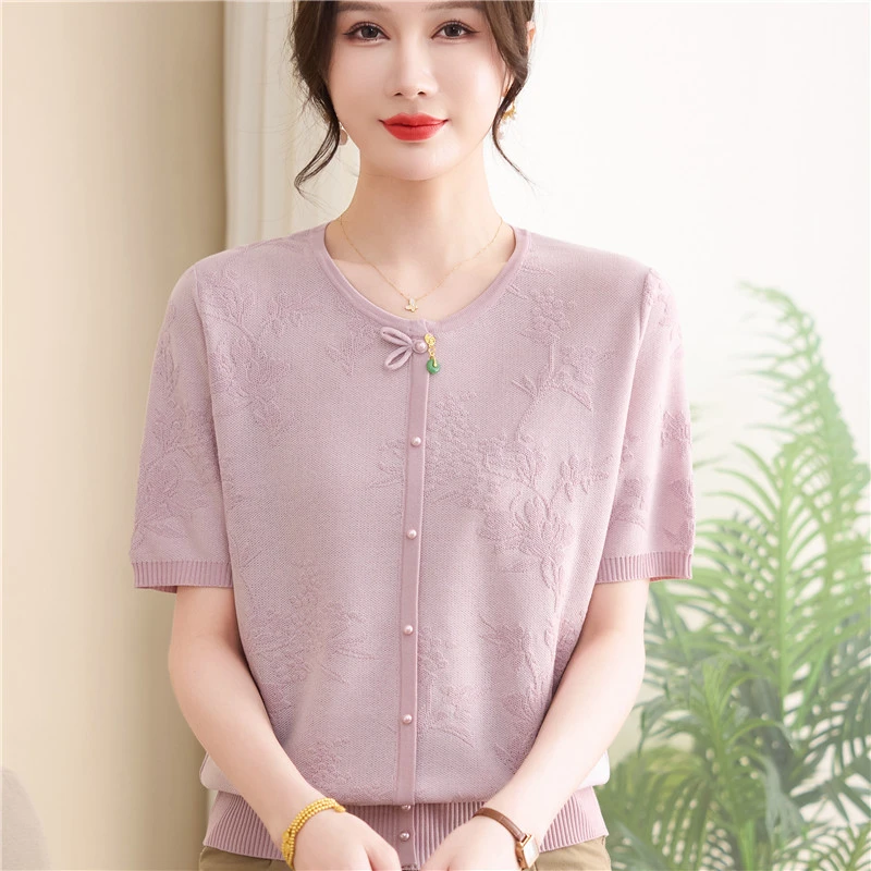 母亲节妈妈夏装短袖中年女时尚冰丝T恤小衫中老年人夏洋气针织t恤