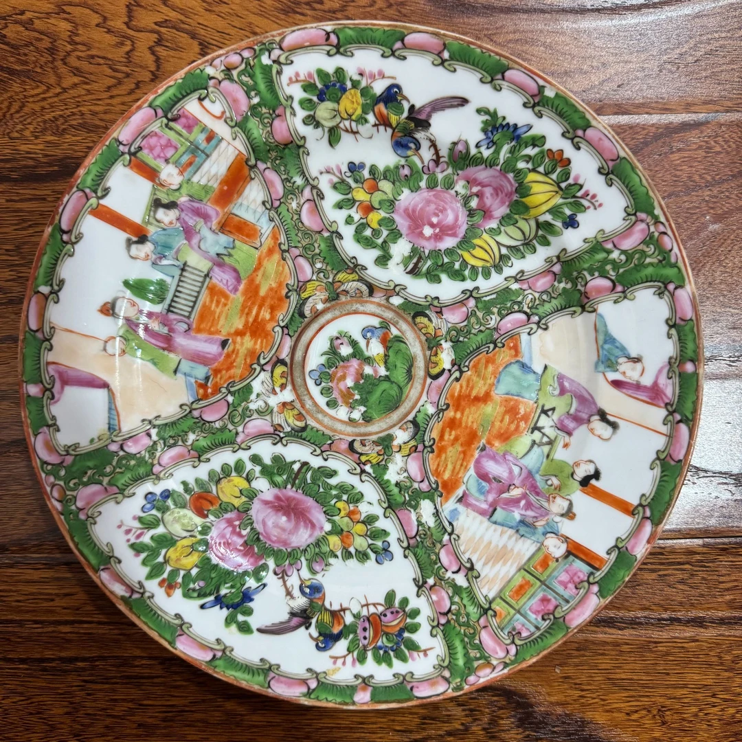 晚清广彩花鸟人物折沿盘SCS6328