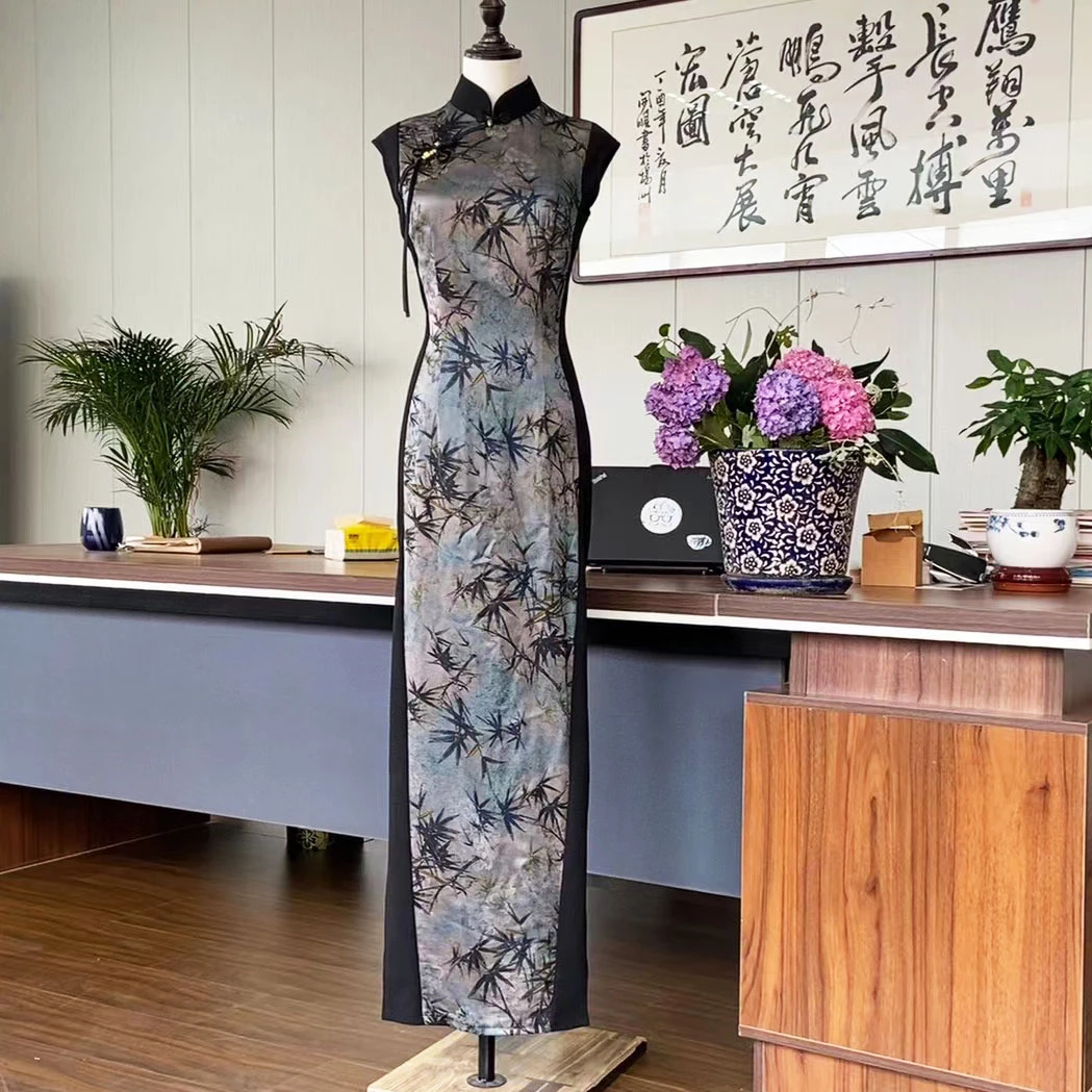 娴馨新中式海派复古海派古风弹力印花拼接日常长款旗袍