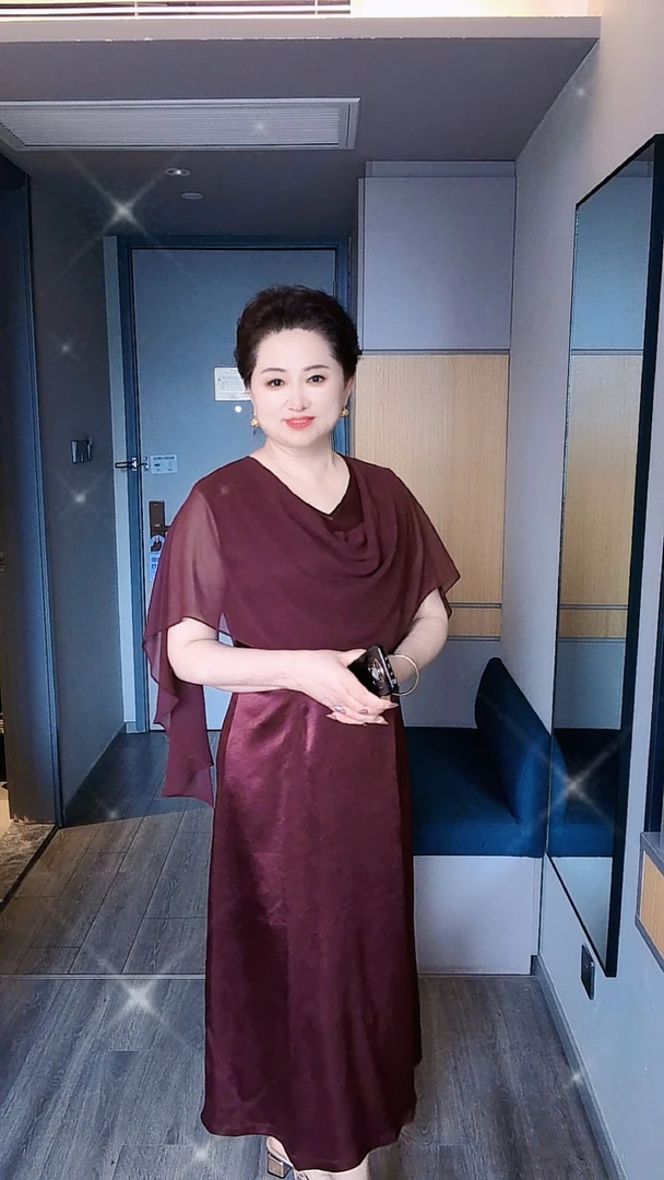 （88123）夏季圆领夏季大码长裙透气长袖小礼服连衣裙酒红色气质