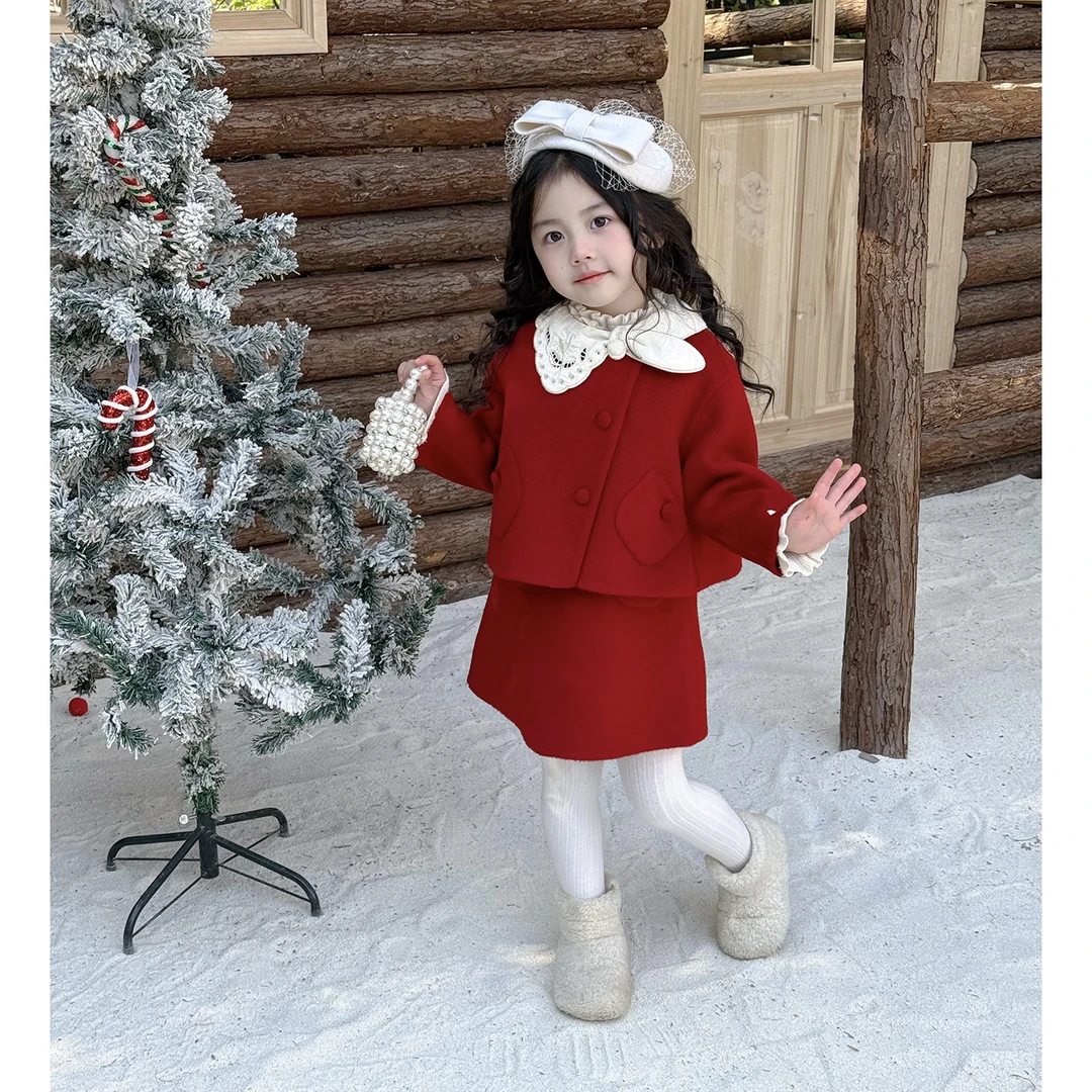 壹妈童装女童套装冬季新款女宝宝加厚圣诞红色夹棉背心裙洋气外套