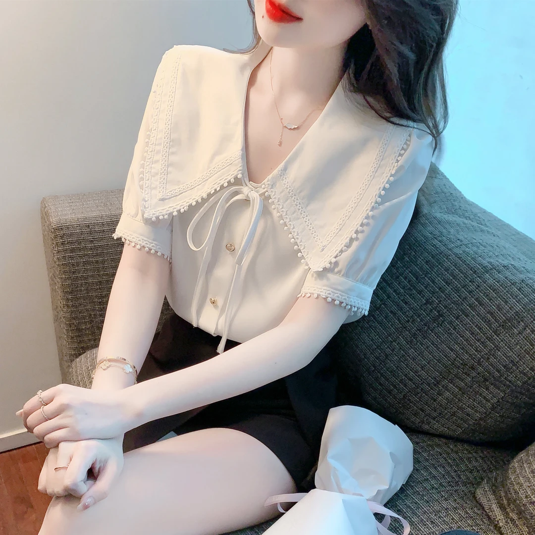 2025夏季新款高级感蝴蝶结气质短袖雪纺衫女法式衬衫洋气短袖上衣