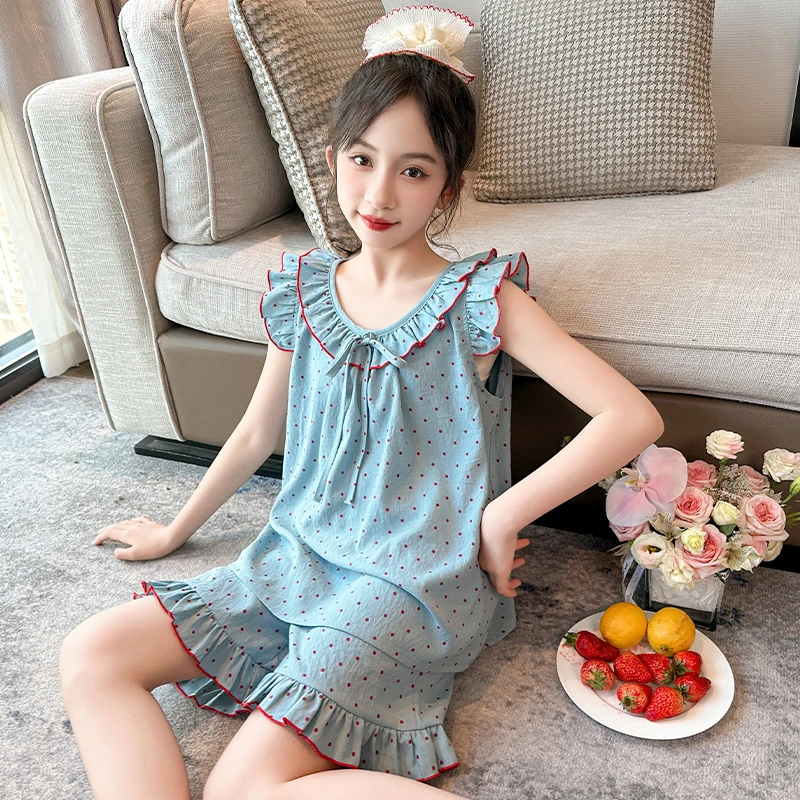 儿童睡衣女大童夏季云朵棉吊带短裤女孩甜美无袖可外穿家居服套装