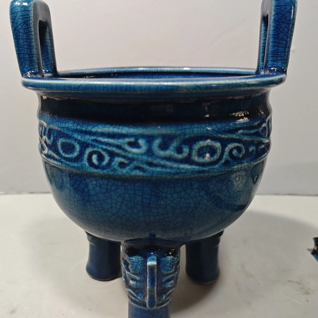 柴窑炉，品相完美，器型规整，釉色温润蓝色陶瓷老物件纯手工古瓷