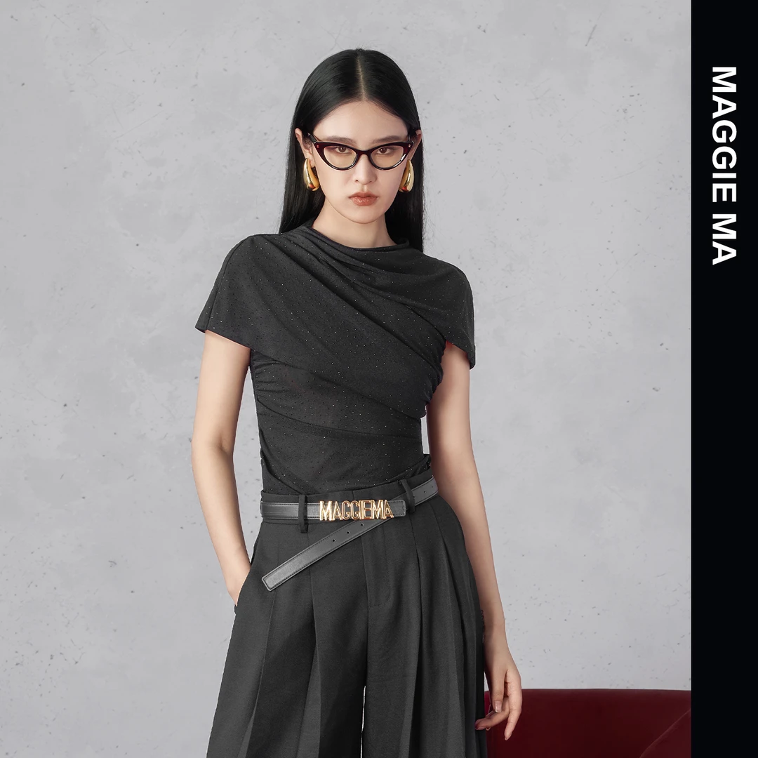 MAGGIE MA马婧设计师款暗夜黑繁星闪耀层次感立裁上衣240S/408S