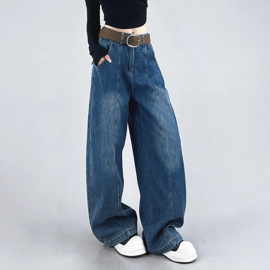 复古设计感弯刀牛仔裤女2025秋冬新款宽松显瘦百搭加绒阔腿镰刀裤