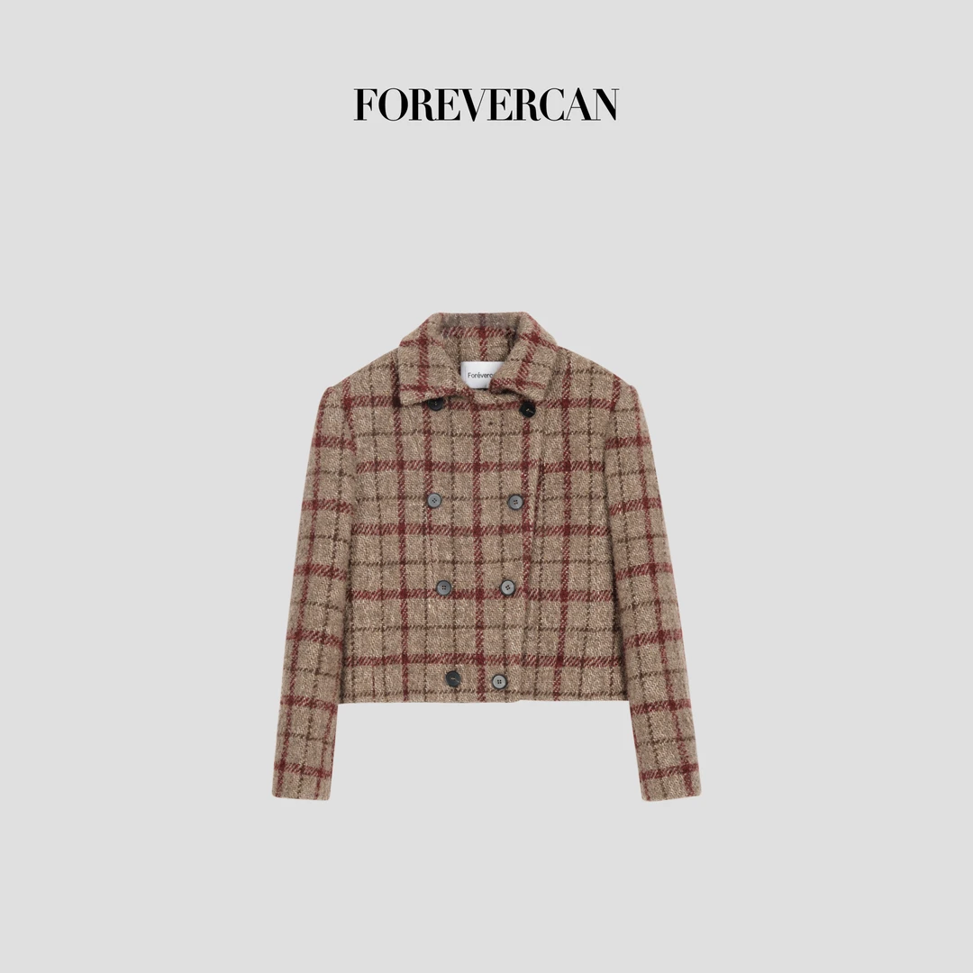 FOREVERCAN“孚日广场”美丽诺羊毛呢复古格纹短款外套SC22734