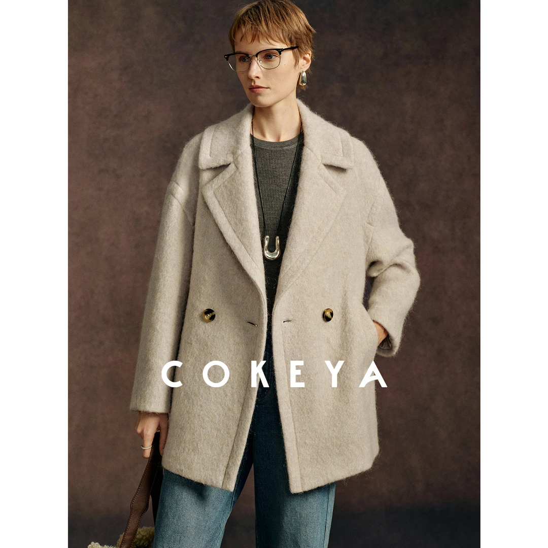 COKEYA/奢软“空气大衣”~羊毛马海毛大翻领茧型大衣毛呢外套女冬