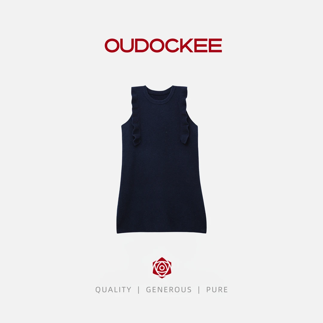 OUDOCKEE 鸥鸥【蓝风铃】藏青色花边圆领百搭时尚连衣裙 L2503G598T