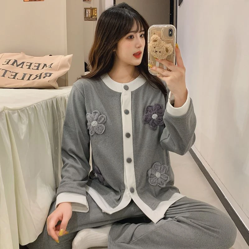 秋冬款慵懒风睡衣卡通可爱长袖开衫长裤女德绒可外穿家居服套装