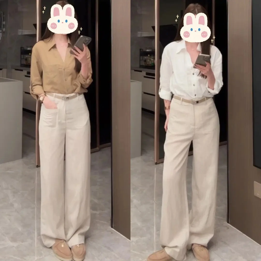 老钱V领宽松休闲慵懒长袖衬衣2025春秋新款纯色直筒休闲裤两件套