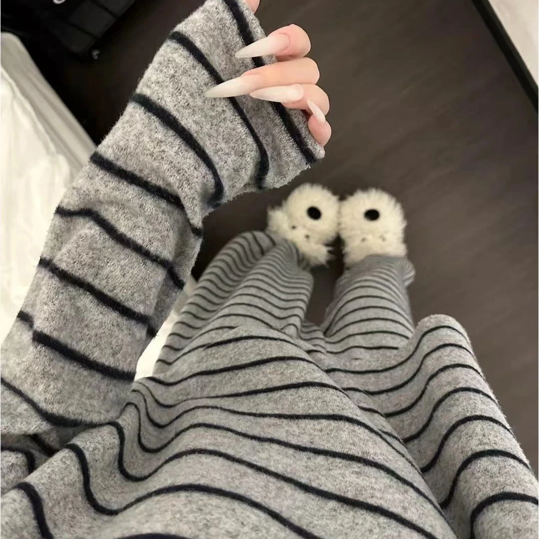 HKML秋季德绒睡衣女冬季长袖长裤保暖薄绒条纹休闲女士家居服套装