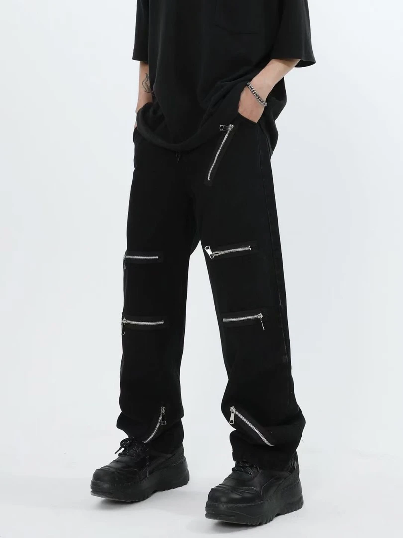 原创小众多拉链设计感宽松直筒中腰黑色牛仔裤男女款