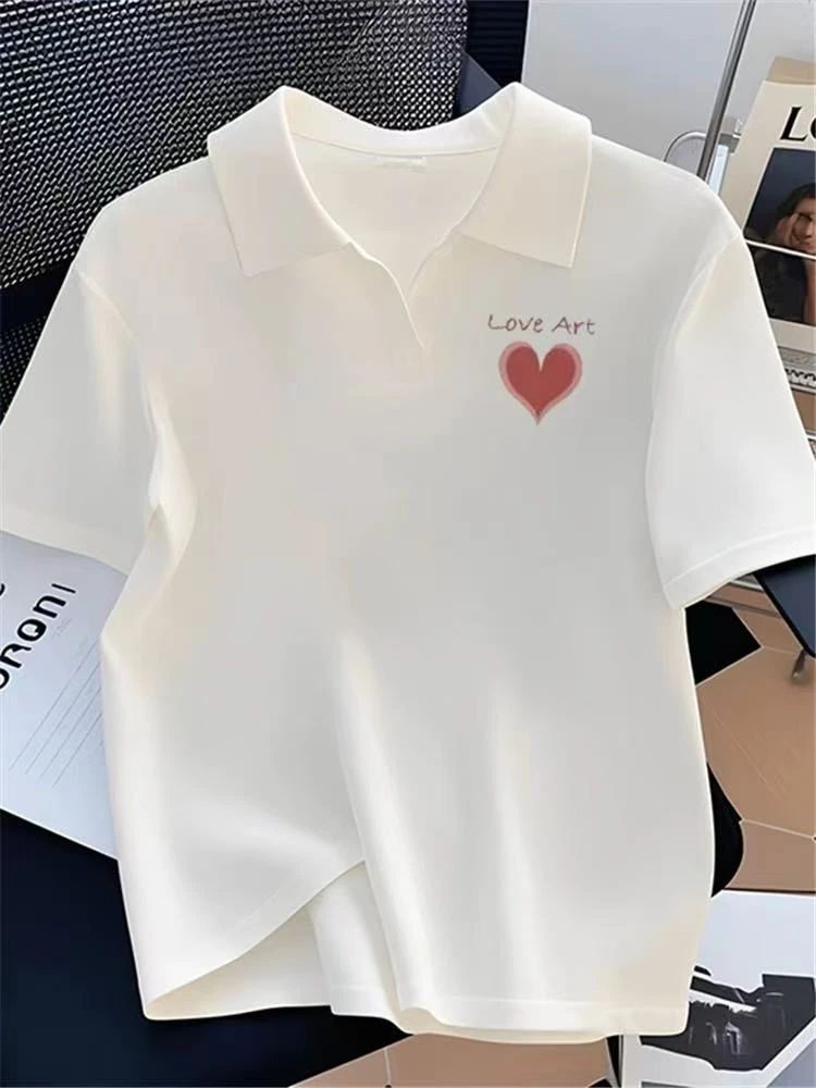 正肩POLO领白色短袖T恤女夏2025新款宽松韩版减龄正肩打底衫上衣