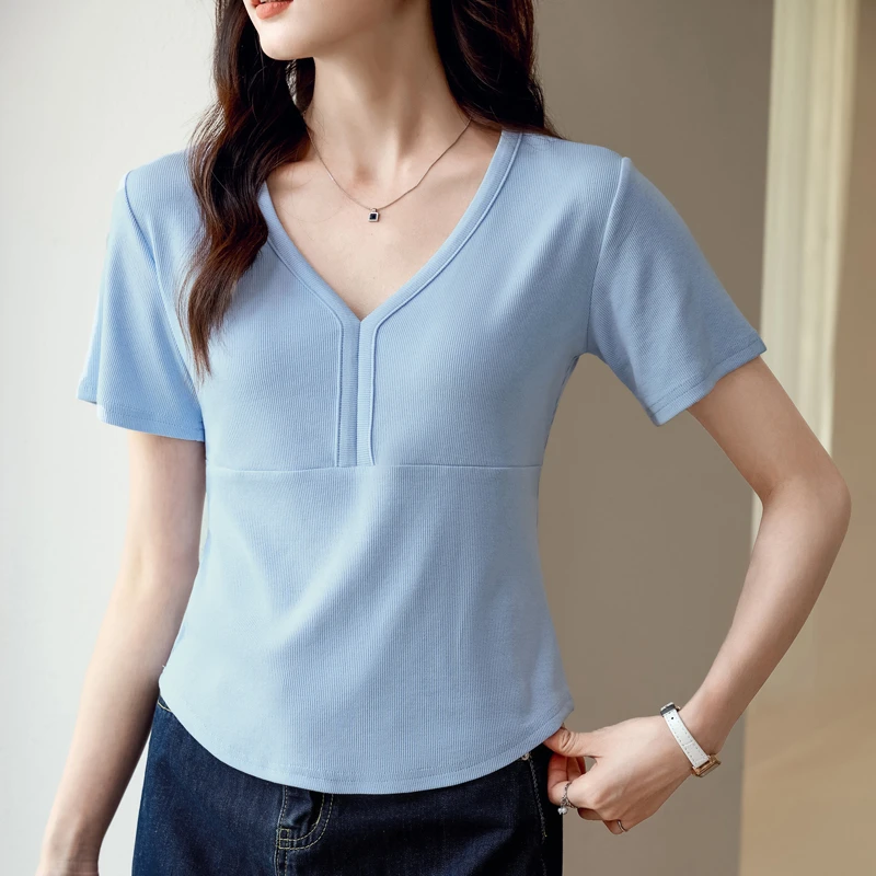 时尚百搭丝光棉V领T恤夏季新款设计感纯色修身显瘦打底衫短款t恤