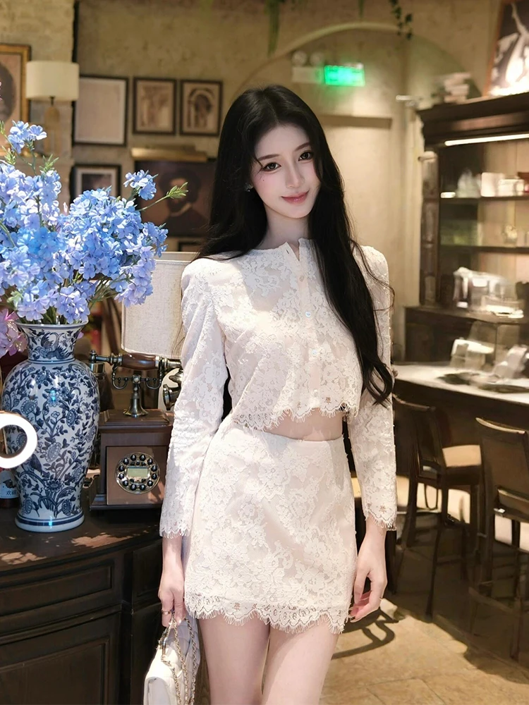 小香风套装高级感名媛白色重工蕾丝外套上衣半身裙纯欲慵懒风女装