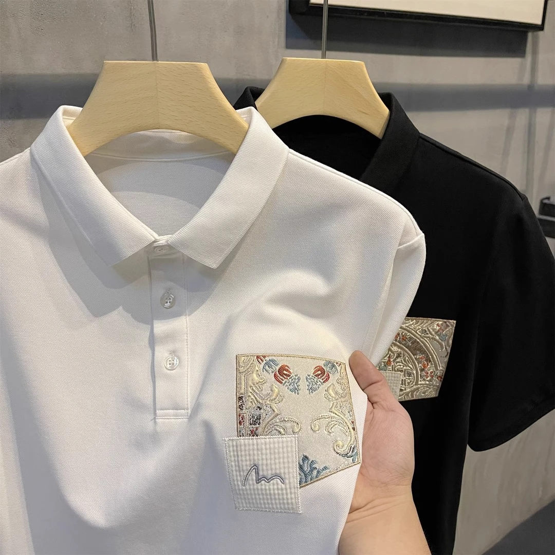 中国风个性国潮贴布刺绣POLO衫精致简约翻领T恤透气保罗短袖上衣
