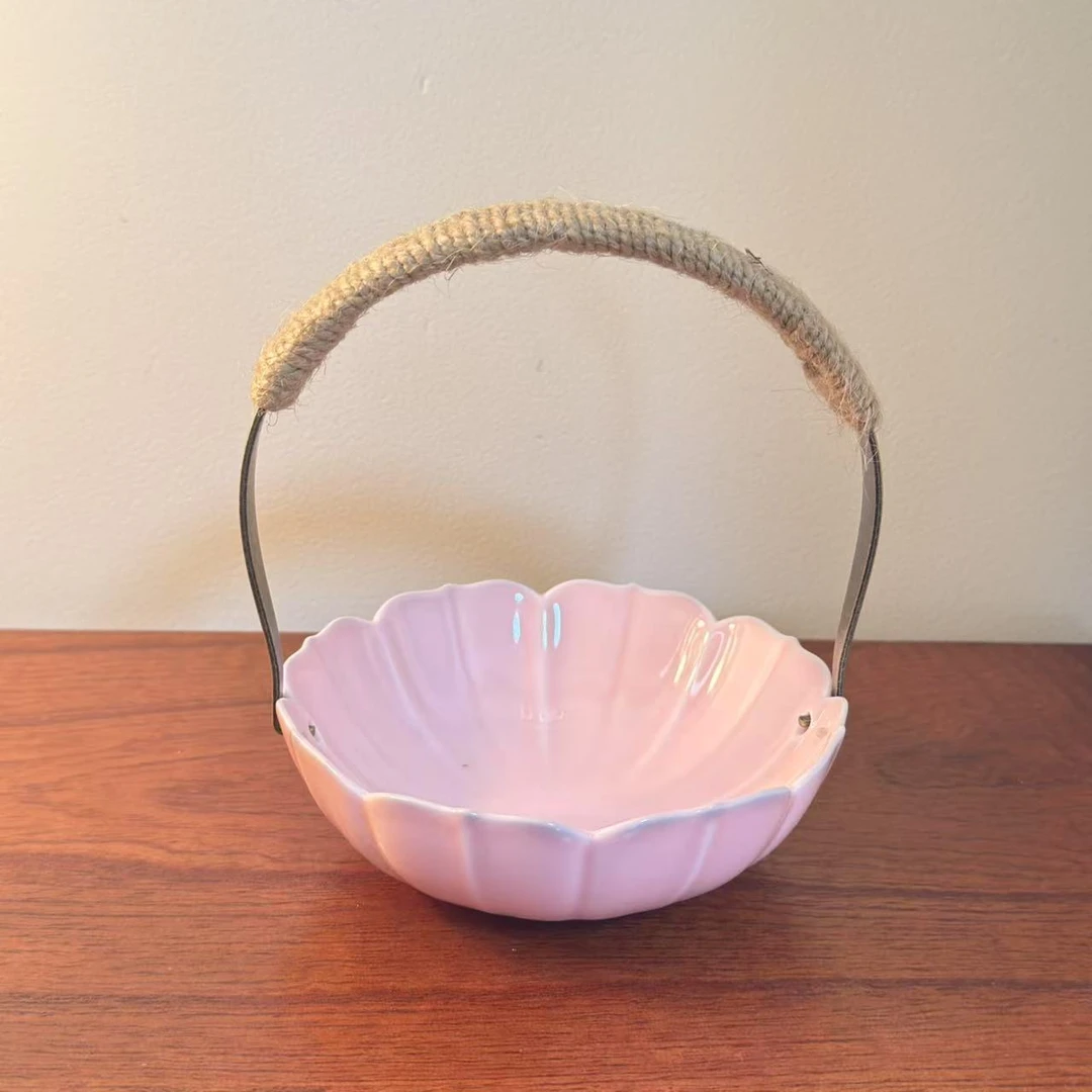 中式精致粉色小果盘手提篮野餐水果干果点心