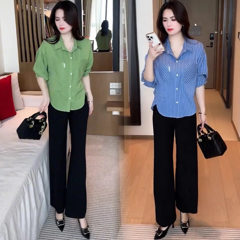 时尚套装女2025春季新款洋气显瘦格子长袖衬衣阔腿裤减龄两件套潮