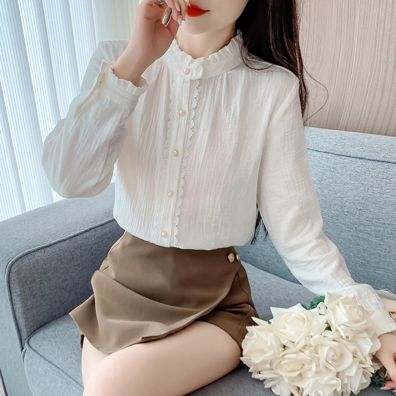 2025春季新款气质设计感花边领花边袖棉纱衬衫修身显瘦上衣衬衣女