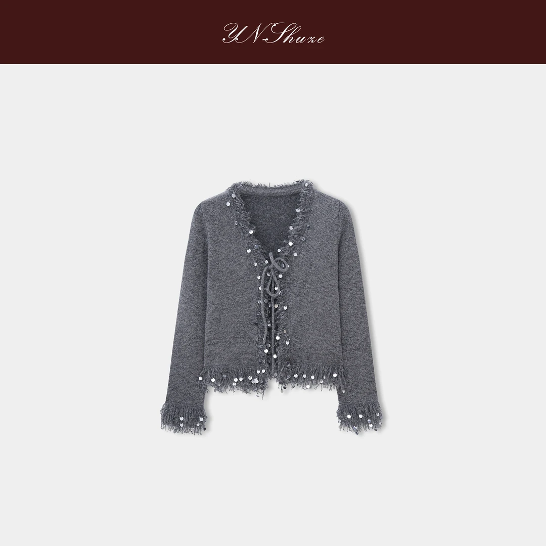 YN-SHUZE【星灰絮语】V领针织外套百搭柔软亮片开衫SZ-YNB-2506008