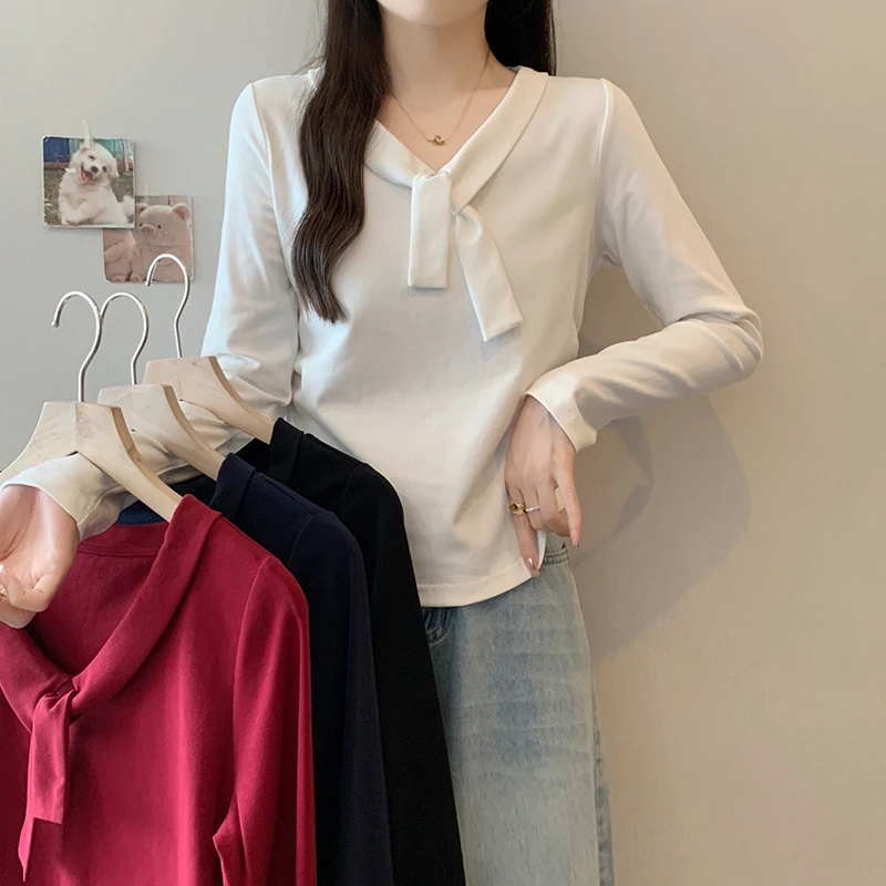 2025秋装新款胖mm大码女甜美时尚绑带弧形长袖内搭上衣36065