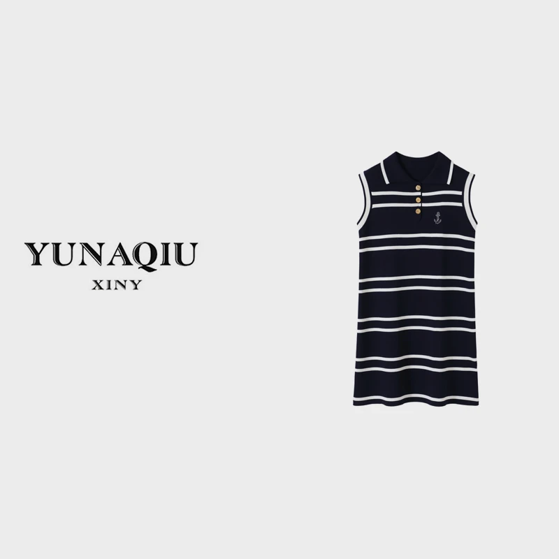YUNAQIU 黑白条纹翻领针织女装连衣裙气质时尚休闲女士-8153