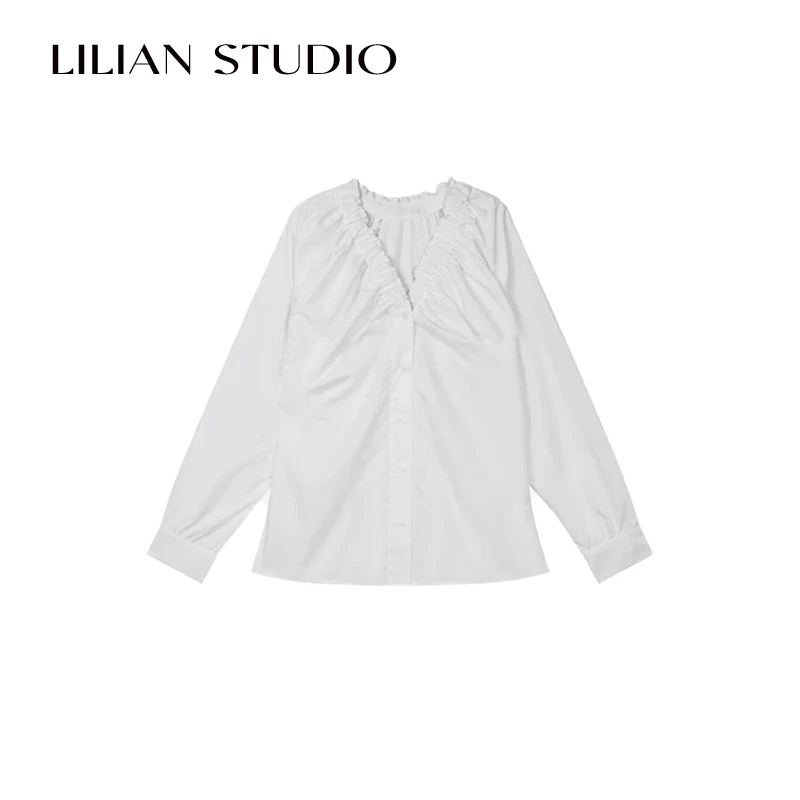 莉莉LIlian 法式复古褶皱V领衬衫设计感宽松百搭休闲长袖衬衫女
