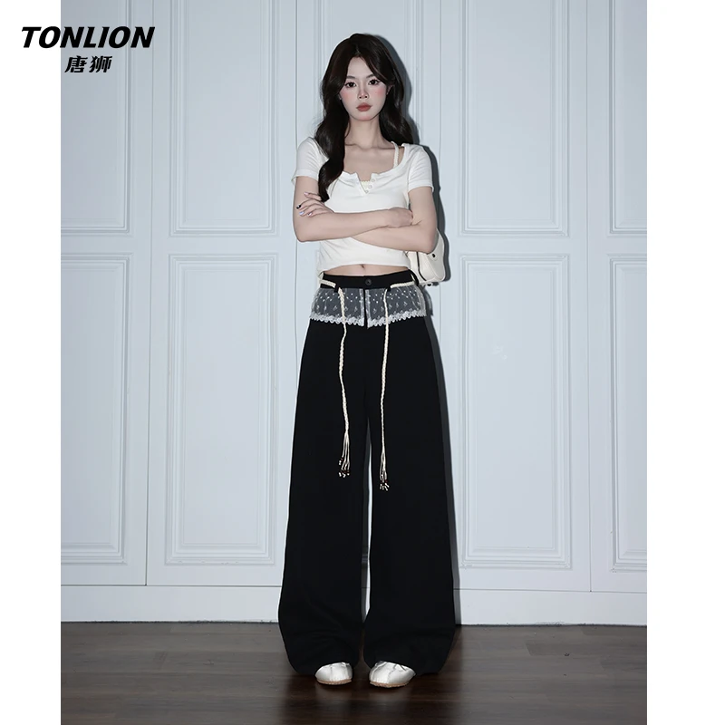 唐狮甜酷蕾丝拼接高腰显瘦阔腿裤女复古黑色宽松垂感休闲直筒裤