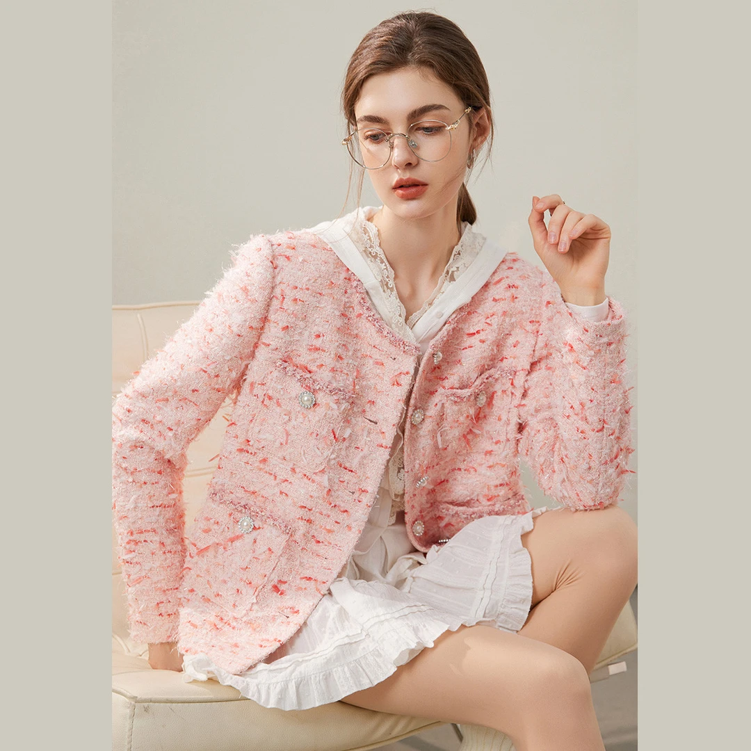 白鹿语25春款时尚圆领拼接撞色织带对称口袋外套WBY20038