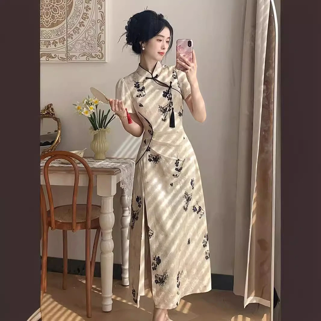 新中式国风长裙女夏季新款收腰显瘦盘扣立领开叉旗袍连衣裙女气质