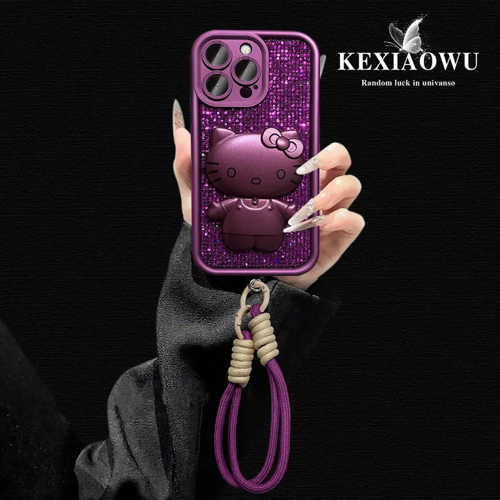 高级KT支架补妆镜紫色天眼闪片适用苹果17PROMAX全系列手链手机壳