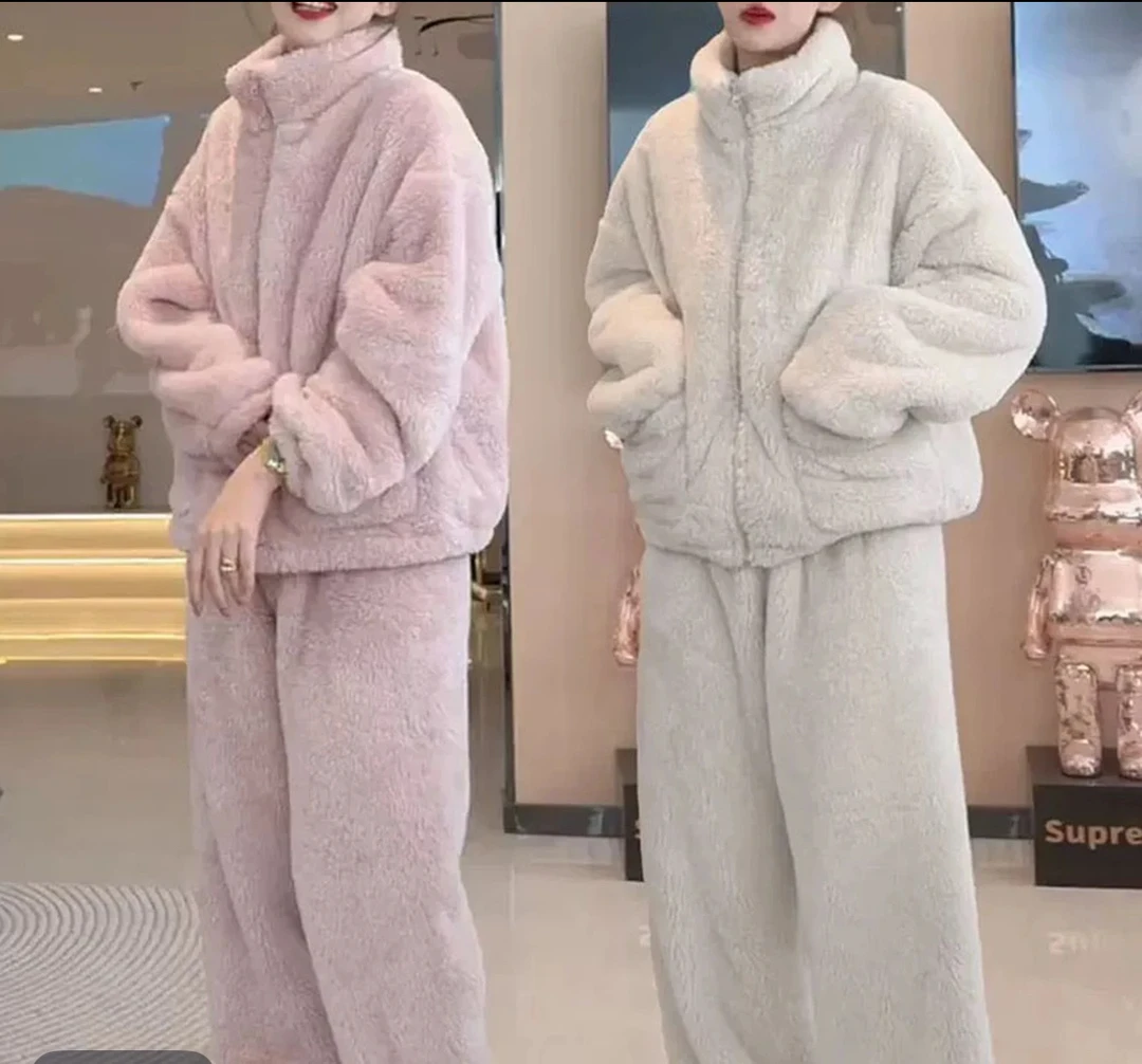 2件套！上衣+裤子！加厚睡衣冬季男女同款套装可外穿纯色家居服保暖