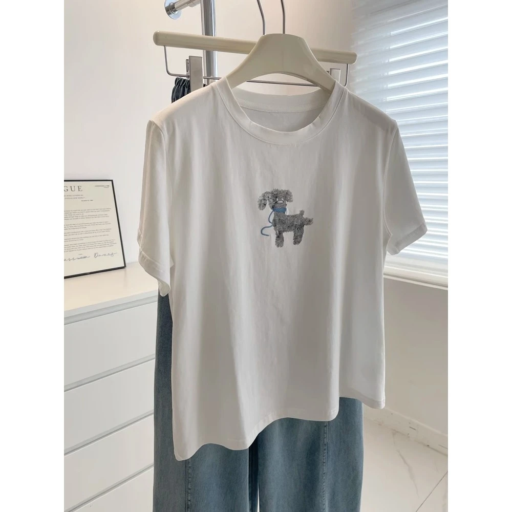 韩系小狗刺绣短袖T恤女2025夏季百搭200斤胖MM显瘦宽松大码上衣潮