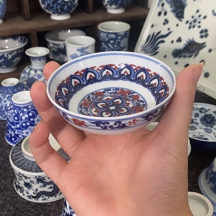 瓷【微微瑕】釉里红宝相纹普洱杯