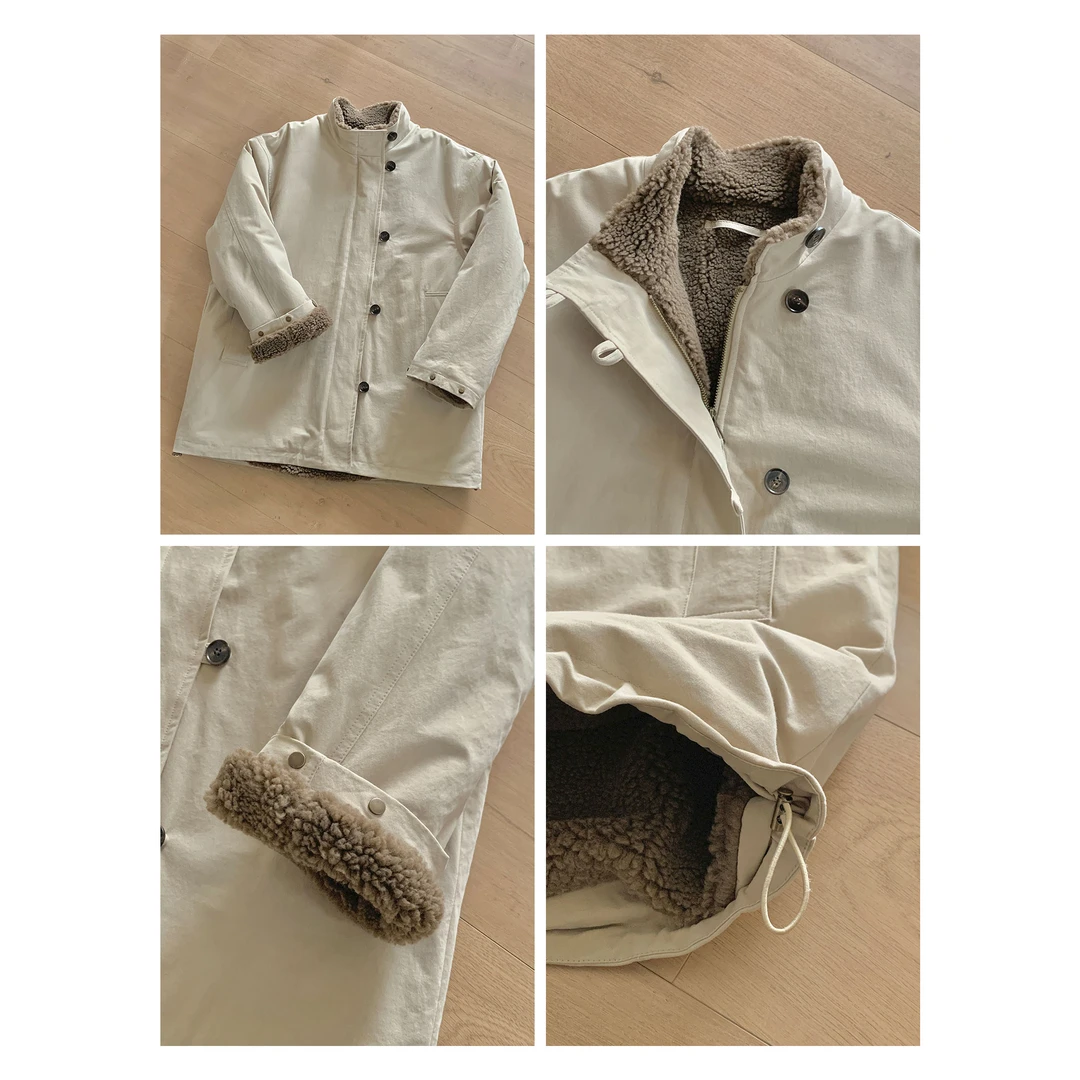 【唐悠悠】卡其色加厚保暖毛毛立领宽松夹克外套女秋冬款休闲上衣