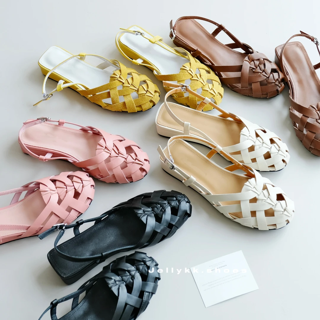 【Jellykk】3.5cm夏季编织度假风设计师款圆头度假百搭真皮时装凉鞋